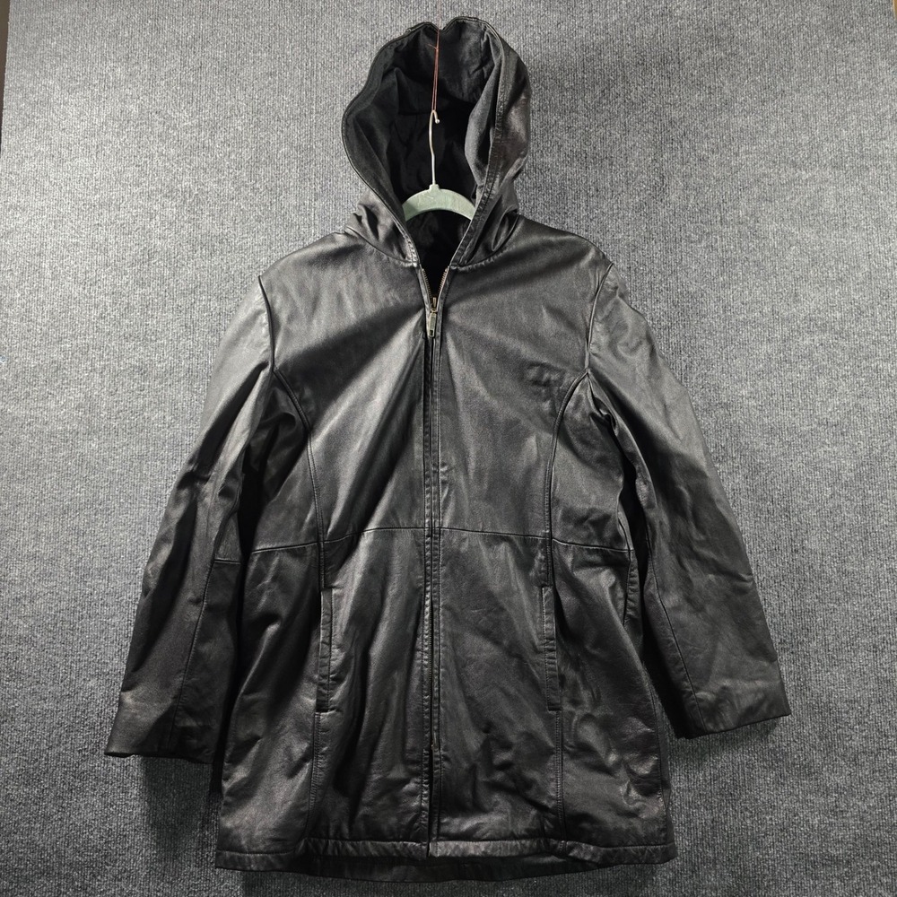 Outbrook Black Genuine Leather Hooded Jacket Womens Large Full Zip Parka Coat